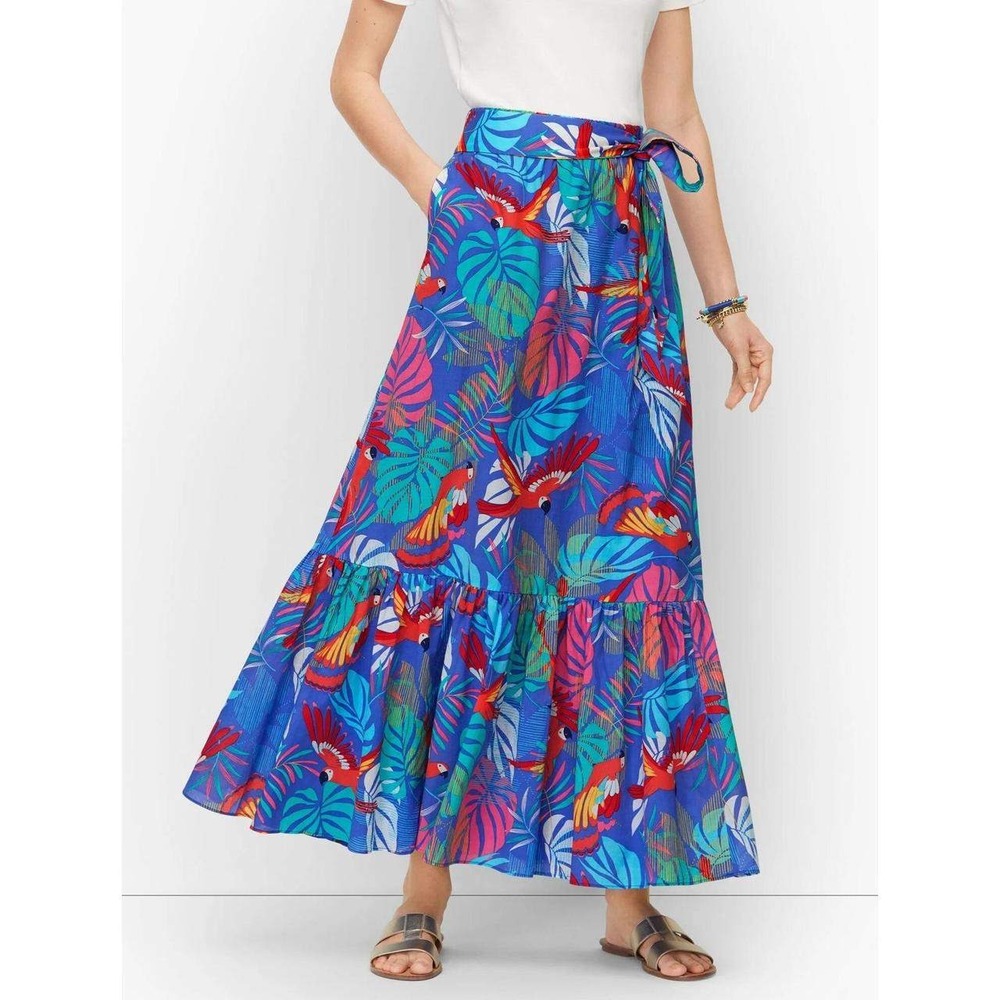 Talbots Blue Tropical Parrot Palm Print Cotton Maxi Skirt Size M NWT